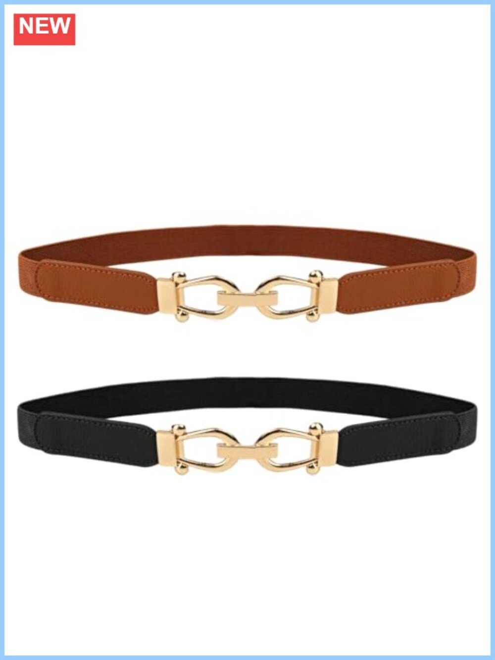 Women's Stretchy Elastic Waist Belt Slim Gold Buckle 2 Pack